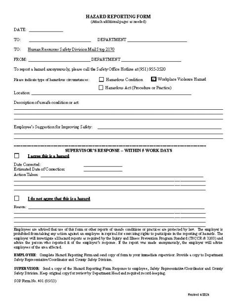 Hazard Reporting Form (Blank forms needed for employee use)